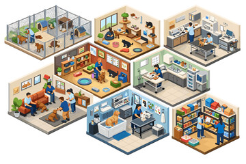 Isometric view of various pet care services including veterinary clinic, grooming, and shelter