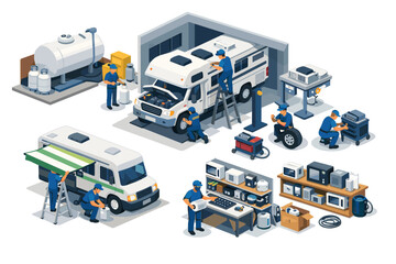 Fototapeta na wymiar RV repair shop scene with mechanics working on vehicles and equipment