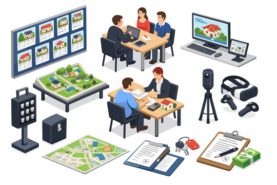 Real estate agents meeting clients and showcasing properties with modern technology and tools