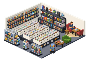 Fototapeta premium Isometric comic book store interior with shelves, display cases, and a reading nook