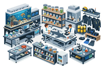 Fototapeta premium Marine biology laboratory with scientists studying aquatic life and equipment
