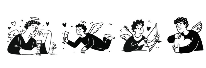 Obraz premium Hand drawn valentine cupid cherub doodle illustrations with hearts wine and pizza for love and romance themes