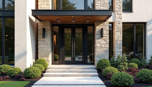 Modern stone facade home entrance with double doors, large windows, rich landscaping. Concrete steps lead to entryway, illuminated by exterior lights. Clean lines define luxury residential