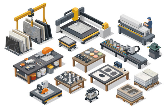 Isometric view of a stone fabrication workshop with various machinery and materials