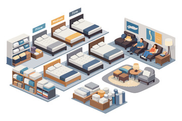 Obraz premium Isometric display of a mattress store showcasing different firmness levels and bedding accessories