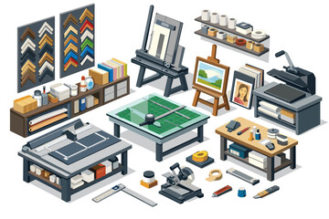 Obraz premium Art studio and framing shop equipment arranged in an isometric view