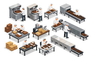 Obraz premium Modern chocolate factory production line with workers and machinery in isometric view