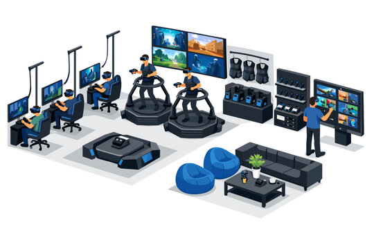 Virtual reality arcade with multiple gaming stations and immersive experiences