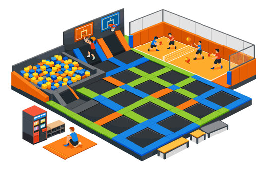 Isometric view of a vibrant indoor trampoline park with diverse recreational activities