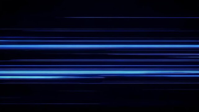 Moving blue horizontal light lines on black. Speed dynamic motion data flow stream. Glow streak effect for abstract background.