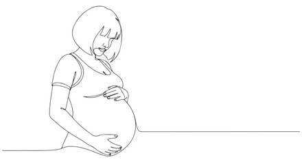 A single continuous line art drawing of a pregnant woman cradling her belly with a gentle expression