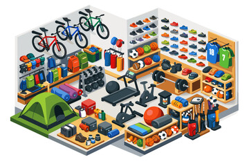 Obraz premium Isometric sports equipment store interior with bicycles, treadmills, and camping gear
