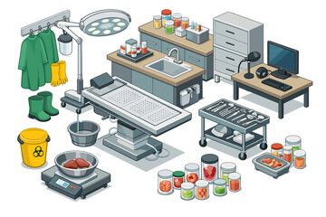 Obraz premium Medical laboratory and autopsy equipment arranged in an isometric view