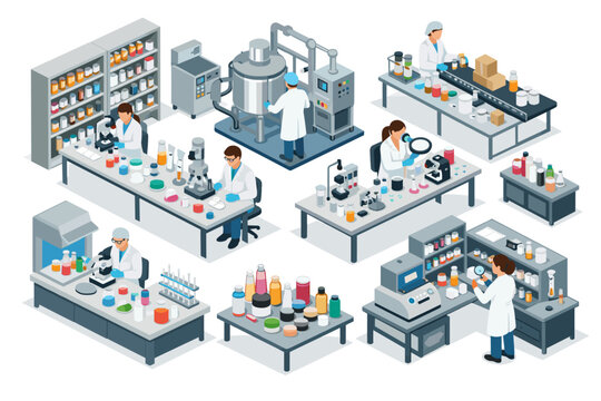 Isometric laboratory scene with scientists conducting experiments and manufacturing processes