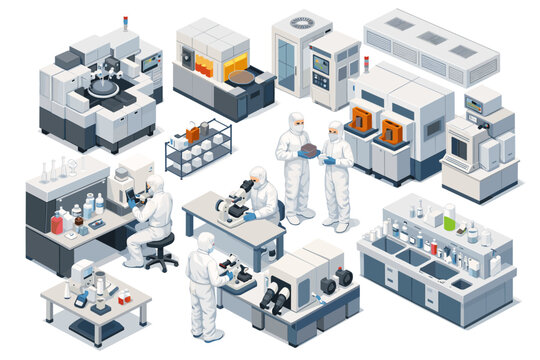 Modern cleanroom laboratory with scientists and advanced manufacturing equipment