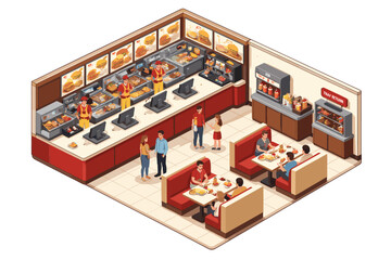 Fototapeta premium Isometric view of a busy fast food restaurant interior with customers and staff