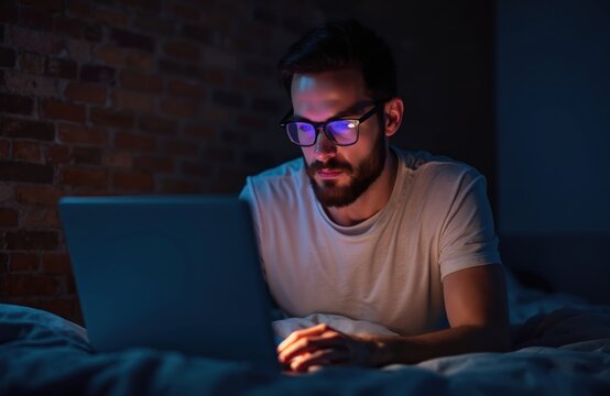 Man with beard wears glasses, works on laptop in bed at night. He looks intently at screen, illuminated by artificial light from computer. Sleepy person browses web late.