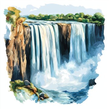 Victoria Falls Zambian side. Victoria Falls Zambian side hand drawn watercolor illustration on white background