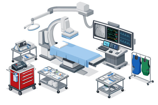 Modern operating room with advanced medical equipment and diagnostic monitors