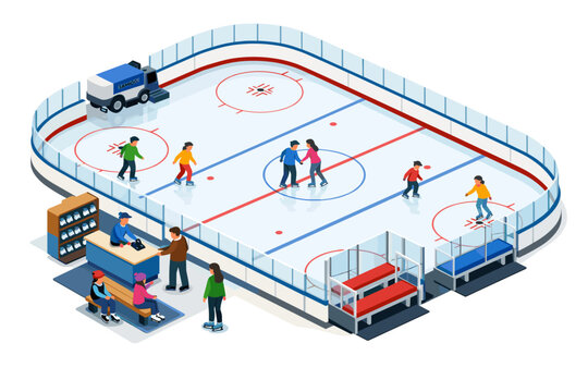 Isometric view of a busy ice skating rink with people enjoying recreational activities and a Zamboni