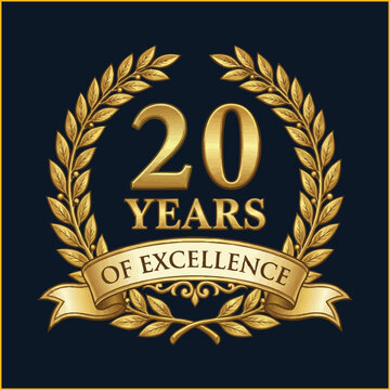 Golden 20 Years of Excellence anniversary emblem with laurel wreath. Luxury corporate milestone badge.