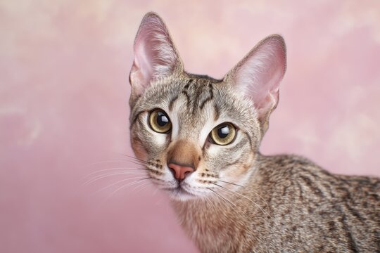 Sokoke cat portrait on soft pink background
