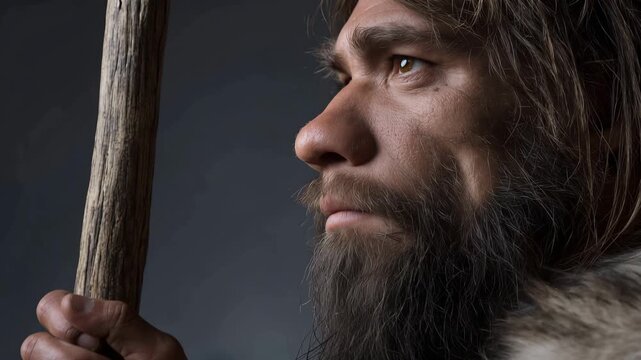Thoughtful prehistoric man gripping wooden staff in close up profile with rugged face and calm intense gaze on dark background