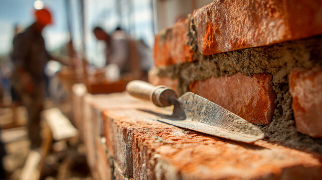 Trowel resting on freshly laid red bricks during active masonry work with blurred construction workers in the bright outdoor setting