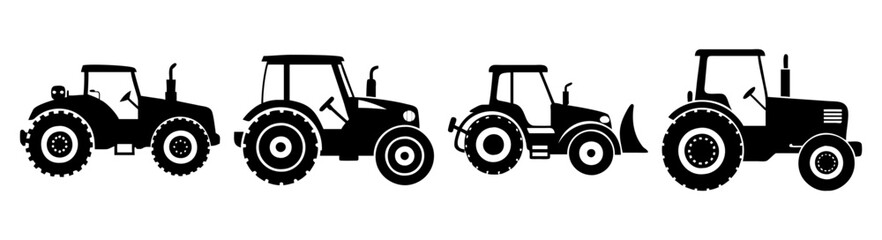 A set of tractor silhouettes in different designs on a white background