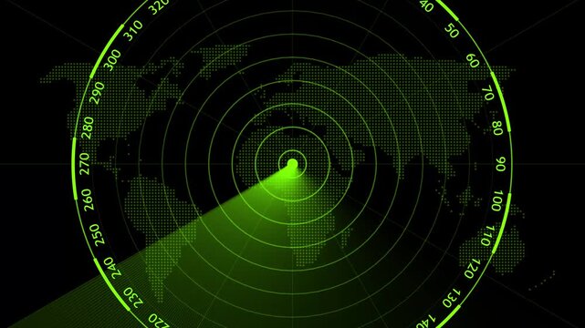 Radar screen loop with scanning beam circular grid. Scanning Submarine Radar Screen with World Map. tracking systems, and advanced technology solutions. 4k video animation concept