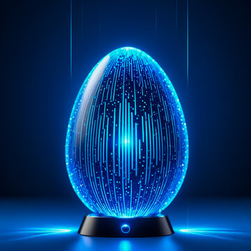 Futuristic blue glowing Easter egg featuring digital circuit patterns and vertical data lines on a sleek black pedestal, high-tech holiday celebration, cyber security, or data science branding