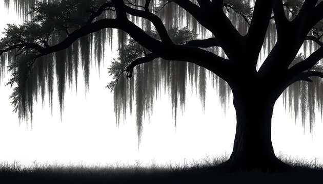 Black silhouette of a large live oak tree with Spanish moss hanging from branches. White background with grass at the bottom. Majestic tree stands against bright sky.