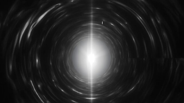Black and white swirling tunnel with bright center flare, abstract vortex corridor suggesting wormhole travel, speed, and deep space distortion