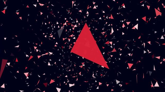 Triangular fragments flying in all directions against a dark background pink and red geometric shapes exploding