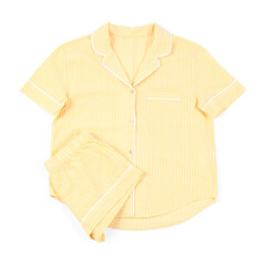 Stylish yellow pyjamas isolated on white, top view