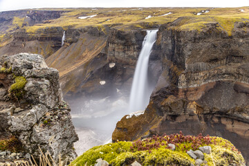 Haifoss waterfall landscape view of cascades inside deep canyon in Iceland © Cleop6atra