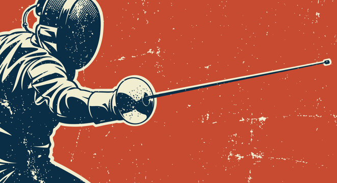 Dynamic fencing duel: retro style swordplay art on distressed background