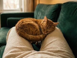 A cute cat peacefully sleeping curled around its owner's legs on a cozy sofa, capturing a heartwarming moment of trust and companionship at home.
