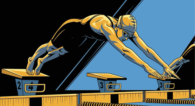 Dynamic swimmer illustrated in retro style diving into a pool from starting block