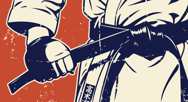 Retro martial arts design with karateka holding sword in grunge style
