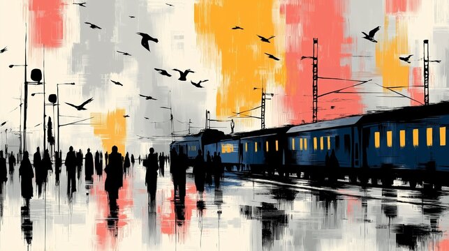 Gare anim&eacute;e au cr&eacute;puscule avec train et fou