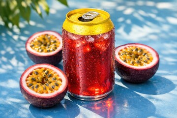 A refreshing still life composition of a cold beverage can and fresh passion fruit on a blue surface, evoking a vibrant and summery mood.

