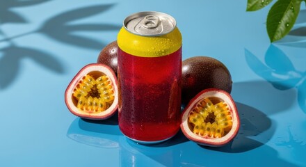 A refreshing still life composition of a cold beverage can and fresh passion fruit on a blue surface, evoking a vibrant and summery mood.

