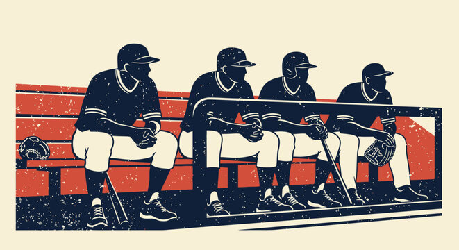 Vintage baseball dugout scene with players resting on bench
