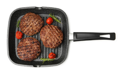 Naklejka premium Delicious grilled meat patties, tomatoes and rosemary in grill pan isolated on white, top view