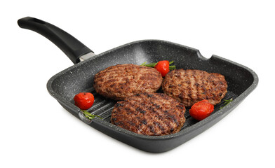Naklejka premium Delicious grilled meat patties, tomatoes and rosemary in grill pan isolated on white, top view