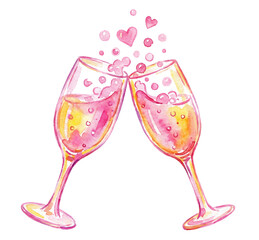 Fototapeta premium Watercolor illustration of two clinking champagne glasses with pink bubbly, hearts, and splashes for a romantic celebratory toast