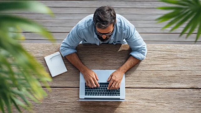 Digital nomad working remotely on laptop, typing while surrounded by lush palm tree leaves at wooden table in tropical outdoor setting, embodying location independent lifestyle
