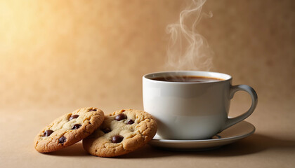 Fresh Baked Chocolate Chip Cookies with Steaming Cup of Hot Coffee