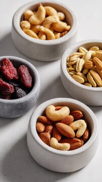 Stone and ceramic bowls gradually filling with cashews, almonds, dried cranberries, and pumpkin seeds, creating a harmonious composition on pristine white surface